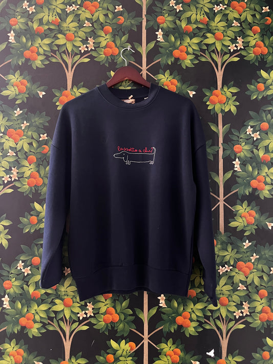 FELPA GIROCOLLO UNISEX BLU NOTTE  "BASSOTTO A CHI" TAGLIA SMALL